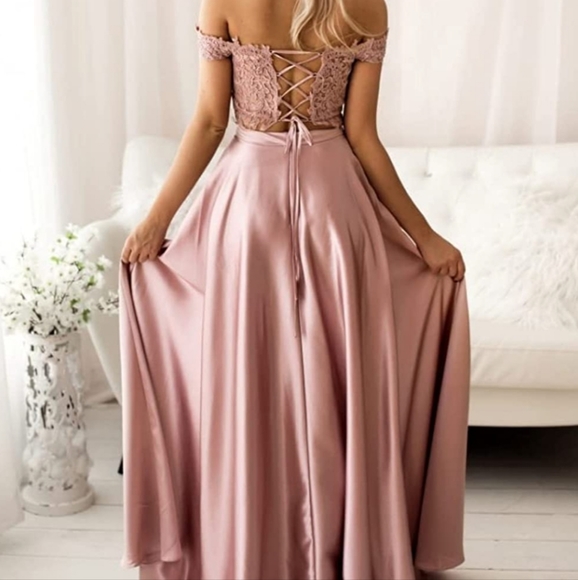 Blue 2 Piece Formal Prom Wedding Guest Bridesmaid Dress with rhinestone details - Picture 3 of 5